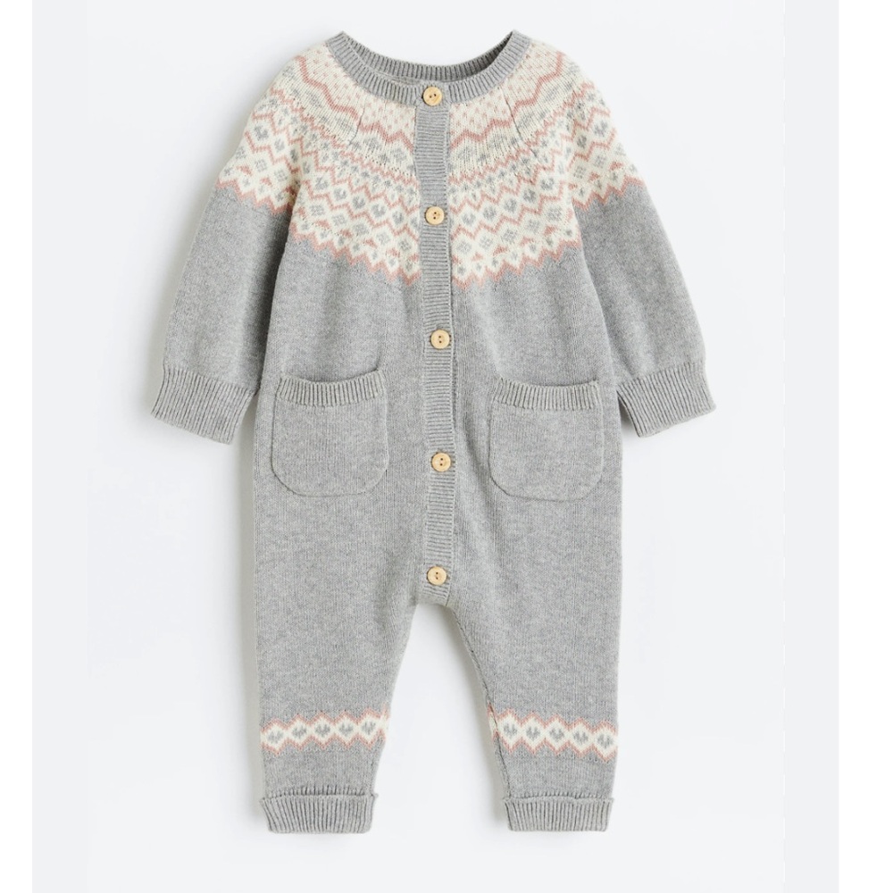 H&M Fair Isle Knit Cotton Jumpsuit 12-18 months Light Grey Pink